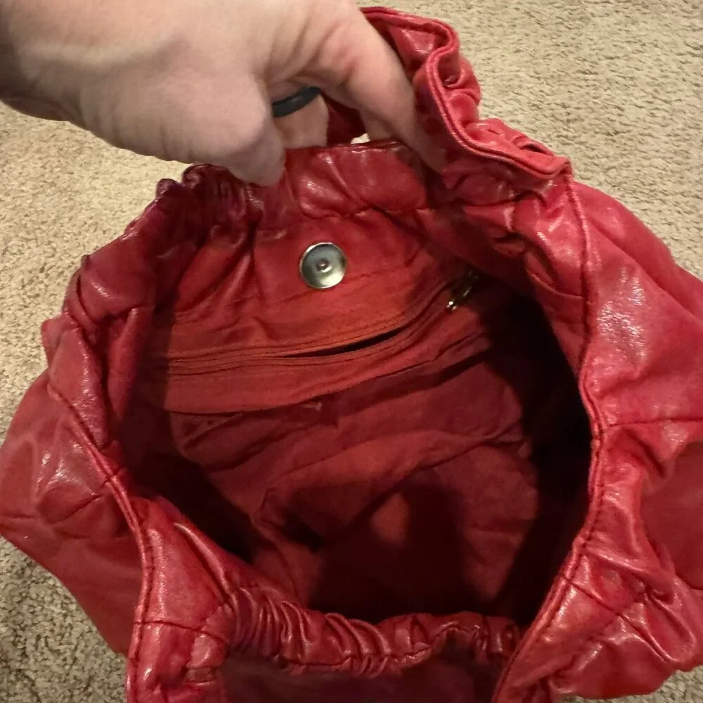 Small Dark Red Ruched Handbag Purse, over the shoulder - Picture 3 of 5